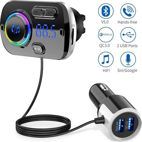 Kit mains libres pour voiture avec émetteur FM Bluetooth 5.0, chargeur rapide QC3.0 5V/2.4A, 2 ports USB, voyant lumineux, compatible Siri, lecteur de carte TF, port audio 3,5 mm - Gris, accessoires d (1/5)