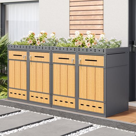 Arqueta para cubos de basura 4x 120-240 L gris y madera en acero con techo jardinera y cierre con llave (1/5)