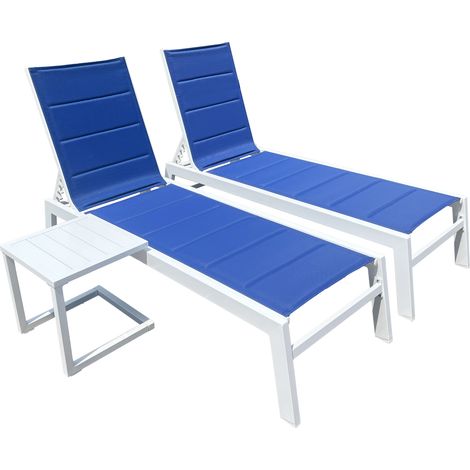 Set aus 2 Sonnenliegen und Beistelltisch BARBADOS aus blauem Textilene - Weißaluminium (1/5)