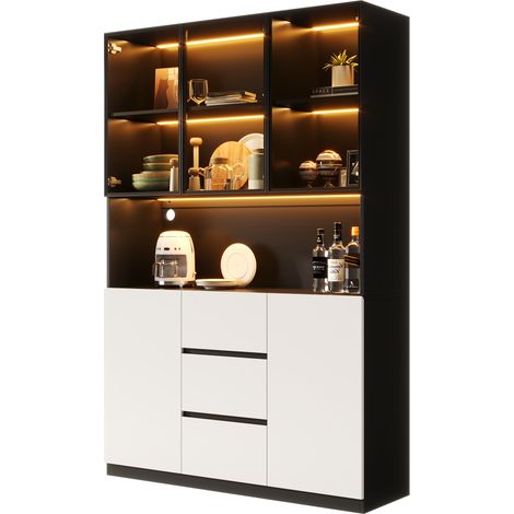 Vitrine lumineuse en verre trempé 120x40x200 cm – Meuble de rangement avec éclairage LED, étagères ouvertes, 3 tiroirs et 2 portes. Armoire polyvalente pour salon et salle à manger. (1/5)