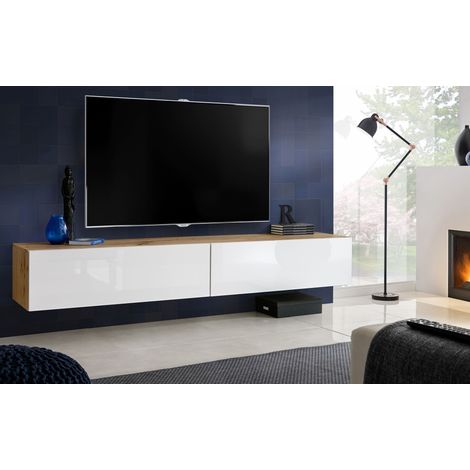 Meuble banc TV moderne 200 cm – Façade brillante blanche – Corps wotan mat – Dimensions 200x30x41,5 cm – 2 portes avec système push to open (1/4)