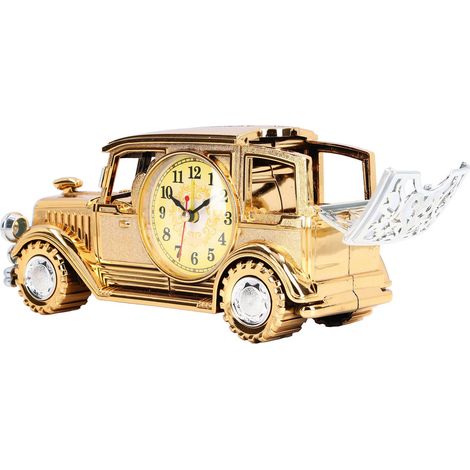 Réveil à grand cadran, porte-stylo multifonctionnel, horloge enfant modèle voiture rétro, doré (1/5)