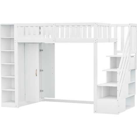 Cama alta multifuncional 90x200 cm con estantes, armario y escalera de seguridad, blanco (1/5)
