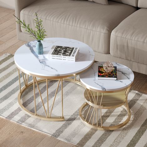 Table basse ronde Lot de 2 - 1x Ø70xH45cm/1x Ø45xH40cm, pieds réglables, cadre en métal en forme de V, texture marbre, MDF - Doré (1/5)