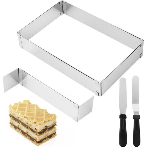 Adjustable Rectangular Cake Frame with Divider and 2 Spatulas, Stainless Steel Cake Circle 2 cm High, 18-52 cm, Dishwasher Safe (1/5)