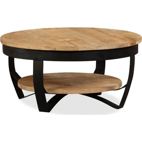 Les Tendances – Table basse fixe ronde en manguier massif clair et métal noir – D 65 x H 32 cm – Artisanat unique, style rétro
