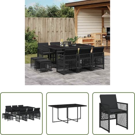 Gartenmöbel - 11-tlg. Garten-Essgruppe mit Kissen Schwarz Poly Rattan (1/5)