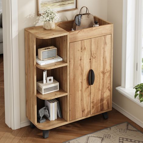 Schmaler Schuhschrank, Doppeltüriger Schuhschrank, Schuhregal mit offenen Fächern, Holzoptik, Mehrzweckschrank für Flur, Kleiner Schuhschrank für kleine Räume, mit oberem Ablagefach (1/5)