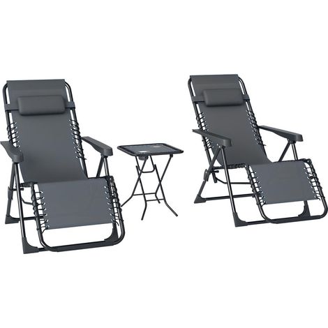 Lot de 2 Chaises Longues Gravité Zéro Pliables Transats Inclinables de Jardin avec Table d'Appoint Textilène Gris (1/5)