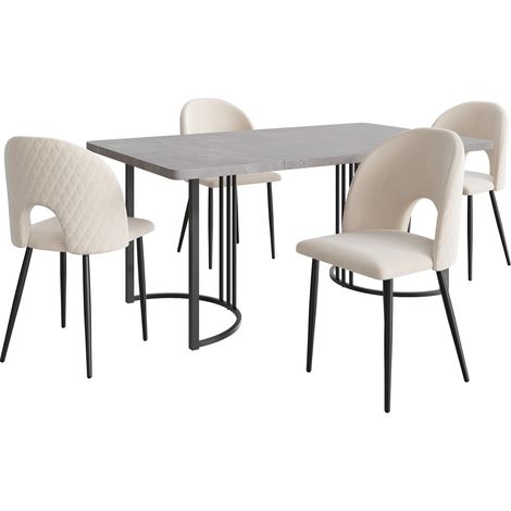 Conjunto de mesa de comedor 140 x 80 cm con 4 sillas de terciopelo beige y tablero MDF efecto mármol (1/5)