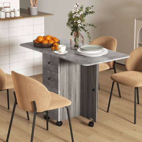 Table de cuisine pliable table à manger pliante 2 plateaux rabattables avec 2 tiroirs 1 placard et 1 étagère de rangement 120 x 60 x 76,5 cm - gris