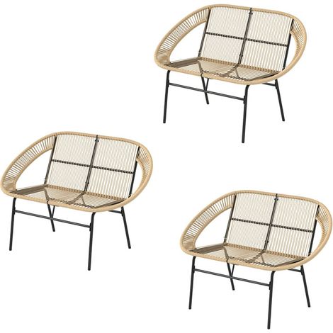 3er-Set 2-Sitzer Gartenbank Polyrattan, wetterfest Sitzbank im Rattanflecht-Design, UV-Beständig Gartenmöbel mit Rückenlehnen, Parkbank 260kg belastbar, für Balkon Terrasse, Garten 126x72x83cm, Khaki
