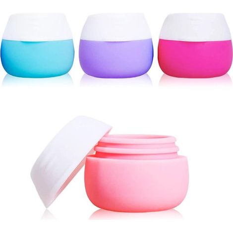 Pots cosmétiques - Violet, rose, rouge, bleu - Silicone - Format voyage avec boîte de rangement - Pots vides avec couvercles - Lot de 4 - Rechargeables (1/5)