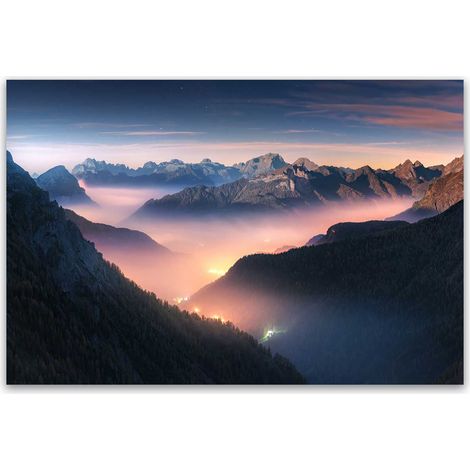 Tableau paysage de montagnes brumeuses au lever du jour (1/5)