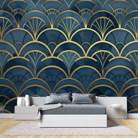 Papier Peint Art & Déco – Écailles Dorées sur Bleu Profond - 150 x 250 cm (1/2)