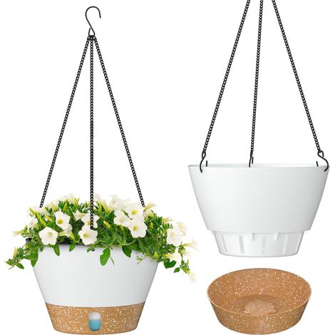 Pot de Fleurs Suspendu de 20 cm avec Plateau à Niveau d'eau Visible, Trous de Drainage, Soucoupe pour Les Plantes d'Intérieur (Blanc, Lot de 2) (1/5)
