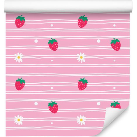Papier peint Fraises et Marguerites Rose poudré et Rose 50x1000 cm (1/4)