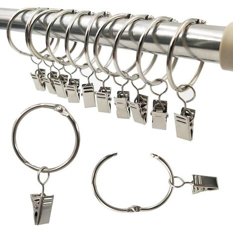 Curtain Rings, 20 Pieces Curtain Rings with Clips, Decorative Metal Drape Clip Hooks Set, 38mm Inner Diameter, Silver, Rustproof, Easy Open Clip Rings (1/5)