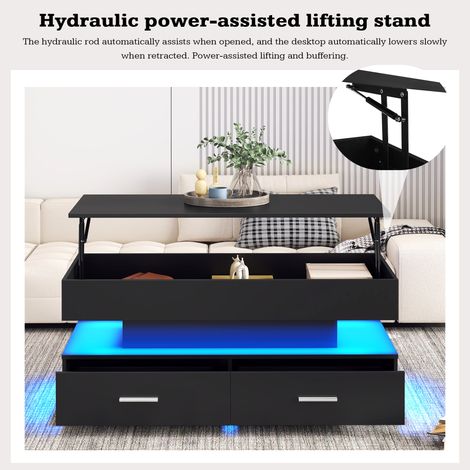 Table basse hydraulique réglable en hauteur 1005044 cm, avec éclairage LED, commande via application Bluetooth, 2 tiroirs et espace de rangement ouvert, table basse relevable noire (1/5)