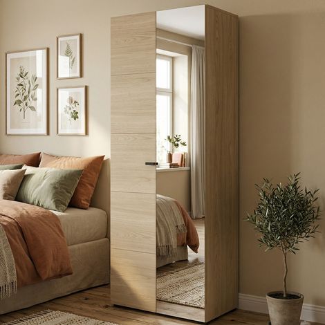 Guardarropa 2 Puertas Azzano, Armario de Dormitorio con Perchero, 3 Estantes, 2 Puertas, 64x194h cm Roble Marrón (1/5)