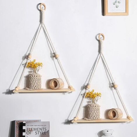 Rideau de porteLot de 2 étagères murales en macramé avec étagères en bois - Étagère flottante bohème tissée à la main en corde de coton naturel - Décoration murale bohème - Support pour plantes pour d