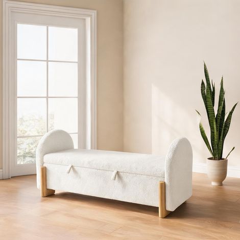 Coffre banc rembourré 166 cm blanc matières tissu et bois (1/5)