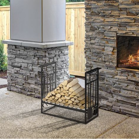 Porte-bûches 75 x 30 x 60 cm en acier noir avec 4 outils, rangement intérieur extérieur - CHICFURN (1/5)