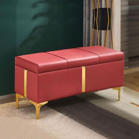 Cassapanca Contenitore Rosso in Ecopelle con Piedini in Metallo Oro Panca Pouf (1/5)