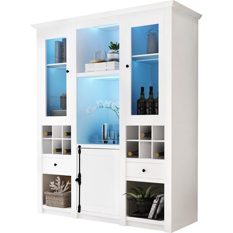 Vitrine LED blanche avec 16 couleurs, 2 portes, 3 niveaux de rangement, façade acrylique et grand espace de stockage pour salon moderne de 143 cm  CHICFURN (1/5)
