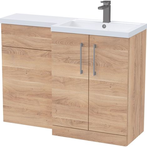 Balterley Right-Hand Bathroom Vanity and WC Unit Combination with Basin - 1100mm - Woodgrain Light Oak with Brushed Pewter Handles