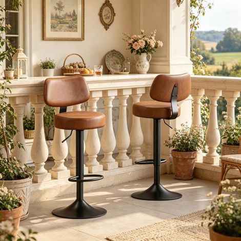 DESMIU Tabouret De Bar Pivotant 2 Pièces Réglable en Hauteur avec Repose-pieds Similicuir Métal Marron Rustique (1/4)
