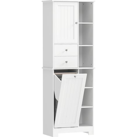 Armadietto da Bagno 60x28,8 x 171 cm conCesto Biancheria Inclinabile in MDF e Tessuto Bianco (1/5)