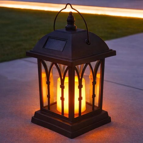 Lanterne solaire noire Festive Lights de 27 cm avec bougie LED et effet de scintillement réaliste. Étanche IP44. Lampe de table ou de jardin. (1/5)
