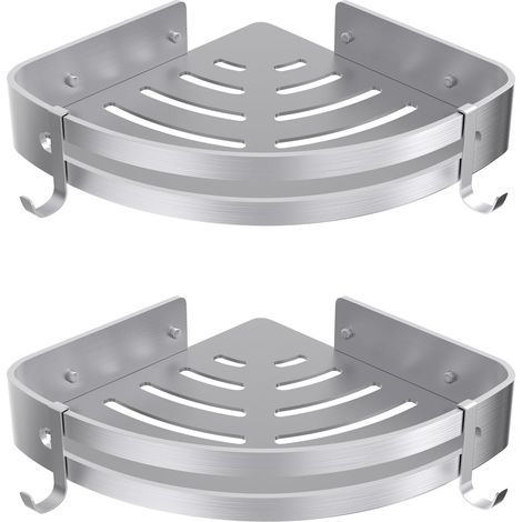 2 pcs Shower Corner Shelf No Drilling Adhesive Bathroom Shelves Shower Caddy Basket Wall Mounted Shower Storage with Hook for Kitchen & Bathroom Organiser Silver 2 Pack, Aluminium (1/5)