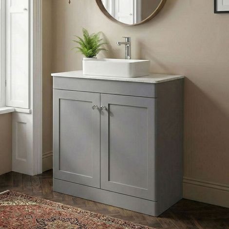 Nuie Classique Floor Standing 2-Door Vanity Unit with White Marble Worktop 800mm Wide - Satin Grey (1/3)