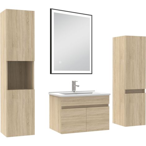 Océan Meuble simple vasque chêne wotan 60cm avec colonne et miroir lumineux 3 couleurs et dimmable (1/5)