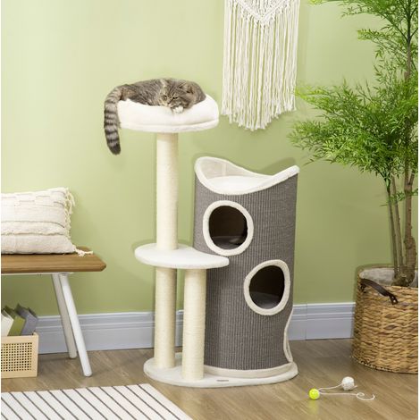 Albero per gatti 109 cm con cuccia, torre tiragraffi e sisal, bianco e grigio DESVIAE (1/5)