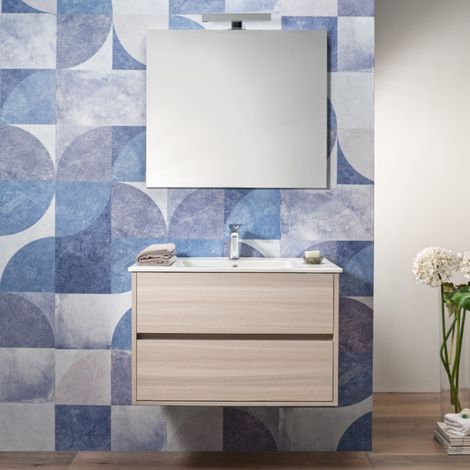 Mobile Bagno 80 cm Sospeso Rovere 2 Cassetti Lavabo Specchio e Lampada (1/5)