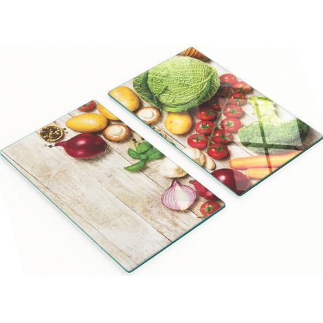 Tablas de servir de cristal para cocina con dibujos de verduras frescas, 2 x 30 x 52 cm.