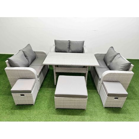 Fimous 9 Seater PE Wicker Rattan Furniture Sofa Sets with Rectangular Dining Table 2 Seater Love Sofa 3 Stool Light Grey (1/4)