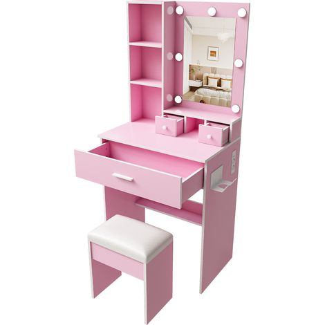 ELVMI Toeletta con 3 Cassetti, Ripiano, Specchio LED a 3 Modalità, Presa e Supporto per Asciugacapelli, Camera, MDF Rosa (1/5)