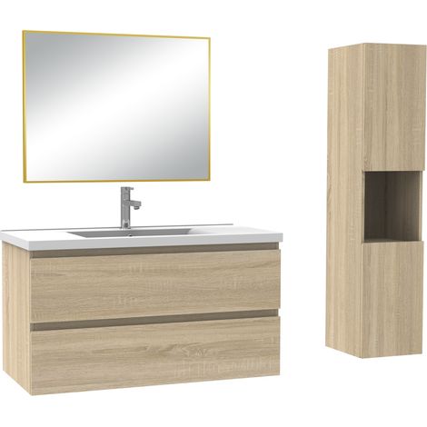 Acezanble Ensemble de Meuble de Salle de Bain Simple Vasque 100 cm + Colonne +Miroir Chêne Wotan