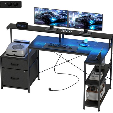 HOMCOM Scrivania PC Gaming con Spazi Portaoggetti e 2 Supporti Monitor Nero