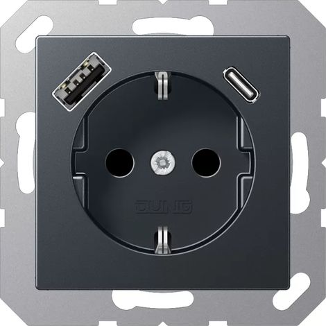 Jung SCHUKO Steckdose 16 A 250 V , mit USB-Ladegerät 1 x Typ A + 1 x Typ C, integrierter erhöhter Berührungsschutz, (1/2)