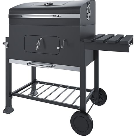 Barbecue Grill A Carbonella BBQ Da Giardino Picnic Balcone Terrazzo Con Coperchio Ruote E Termometro Ripiano Laterale Ribaltabile Con 4 Ganci Manico In Acciaio Inox 106 x 46 x 114 cm Colore Nero (1/5)