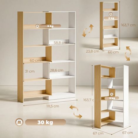 Bibliothèque pivotante 350° à 5 étagères, meuble de rangement extensible en angle L, étagère à livres seule (1/5)