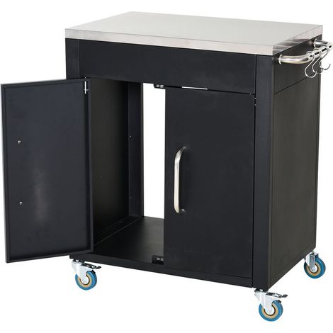 Chariot de cuisine à roulettes, desserte, chariot roulant avec placard, crochets et poignées en inox, accessoire de cuisine, table de barbecue en inox, chariot de cuisine, 86 x 50 x 86,5 cm, noir (1/5)