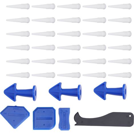 Kit d'outils pour calfeutrage, mastic de finition, embouts en silicone, raclettes et plaques pour le remplissage des sols de cuisine et de salle de bain. (1/5)