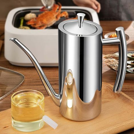 Distributeur d'huile d'olive et pichet de cuisine haut de gamme en acier inoxydable (700 ml) - Bouteille d'huile étanche monobloc avec un bec verseur long et fin pour un dosage précis et une poignée v (1/4)