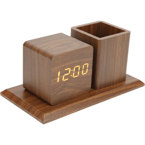 Horloge Numérique LED avec Affichage Température et Calendrier, 3 Réglages de Luminosité, Commande Vocale, Cadran en Bois Marron et Éclairage Rouge (1/5)